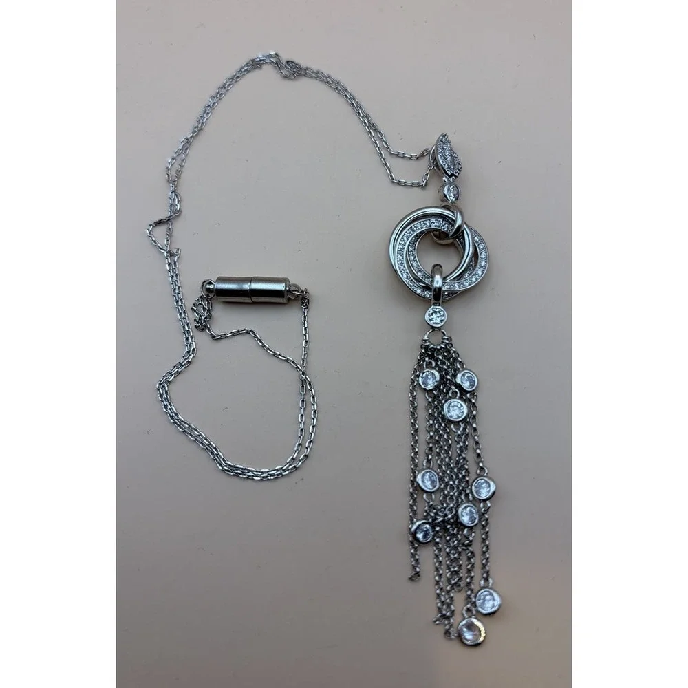 Silver CZ Tassel Fringe Necklace Pave Circle Pendant Magnetic Clasp Arthritis